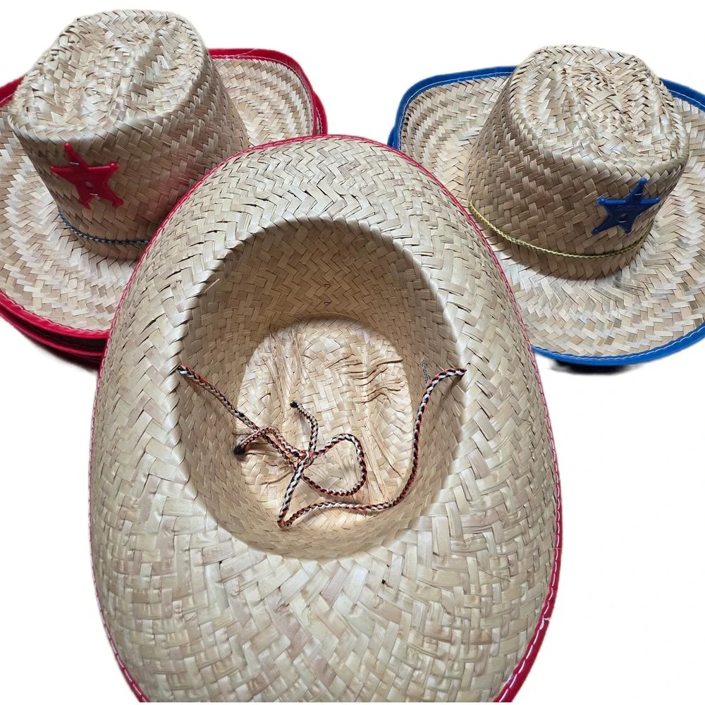Cowboy‎ Sheriff Woven Straw Hat Kids Red Blue Star Chin Strap